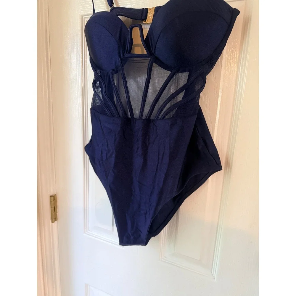Zimmermann Navy Blue Mesh Panel Corset One Piece Swimsuit Underwire Sz 3 US 8-10 - Picture 3 of 9